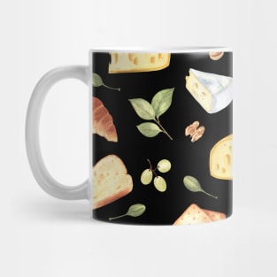 Cheese, bread and snacks - French food - on black Mug